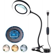 1001 USB Büyüteçli LED Masa Lambası, 3 Renk Modu, Klipsli Tasarım, Esnek Boyun, Doğal Işık, Sıca