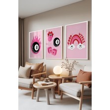 1001 Beyaz Çerçeveli 3’lü Tablo Seti Good Vibes – Pembe Retro Enerji Genç Odası Set 30078, 21 x