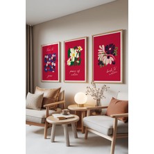 1001 Ahşap Çerçeveli 3’lü Tablo Seti Kırmızı Floral – Modern Çiçek Salon Set 30146, 70 x 100