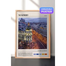 1001 Ahşap Çerçeveli Duvar Tablosu Madrid Gece Şehir Manzarası Salon Dekoru, 70 x 100