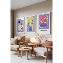 1001 Beyaz Çerçeveli 3’lü Tablo Seti Bohem Çiçek & Portre Tasarım – Salon Set 30138, 15 x 21
