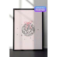1001 Siyah Çerçeveli Duvar Tablosu Pembe Fiyonklu Disko Topu Retro Pop Sanat Illüstrasyonu Salon Deko