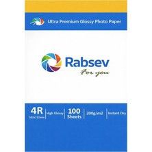 1001 Rabsev Ultra Premium Parlak Fotoğraf Kağıdı, 4r 10X15CM, 200G/M2, Hızlı Kuruyan, 100 Yaprak