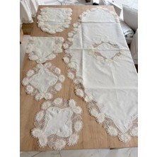 Ceki Home Salon Takımı Çeyizlik Krem Runner Set 5 Parça Keten Masa Örtüsü Runneri Flowers