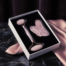 Taş Sandığı Pembe Kuvars Gua Sha ve Roller Masaj Taşı Seti