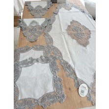 Ceki Home Salon Takımı Çeyizlik Krem Gri Runner Set 5 Parça Keten Masa Örtüsü Runneri Evalina