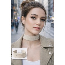 Syaze 4 cm Geniş Ekru Süet Kumaş Metal Detaylı Kadın Choker Kolye