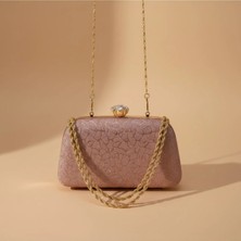 Dilora Kadın Rose Gold Dokulu Simli Abiye Çanta Kristal Taş Tokalı Gold Zincir Askılı Gece Davet Clutch El ve Omuz Çantası