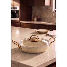 EVREN MUTFAK 18 cm Krem Granit Kapaklı Pırlanta Sahan, Non-Stick Yumurta Omlet Tavası 18 cm (Çelik Kulp)