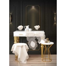 Ceki Home Krem-Kapiçino Bellisima Model 5 Parça Keten Dantelli Salon Takımı Runner Seti No 800