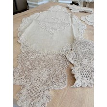 Ceki Home Salon Takımı Çeyizlik Krem Runner Set 5 Parça Keten Masa Örtüsü Runneri Gerdan