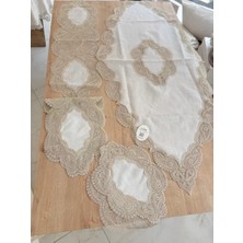 Ceki Home Salon Takımı Bellisima Çeyizlik Kreme Kapi Runner Set 5 Parça Keten Ranır Masa Sehpa Konsol Örtüsü