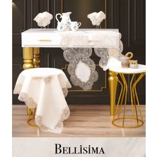 Ceki Home Salon Takımı 5 Parça Keten Dantelli Masa Örtüsü Runner Seti Bellisima Model No 800 -Krem-Kapiçino