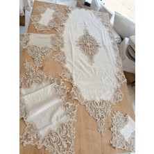 Ceki Home Salon Takımı Çeyizlik Krem Runner Set 5 Parça Kadife Masa Örtüsü Runneri Eva
