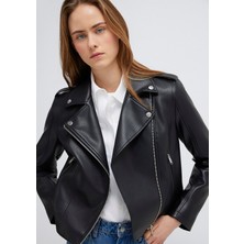 Mavi Biker Yaka Siyah Suni Deri Ceket 1110221-900