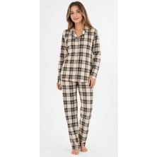 Fames Kadın Mevsimlik Süet Uzun Kol Ekose Desen Krem Pijama Takımı