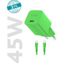 Ttec Smartcharger Gan 45W Avs Pd Seyahat Hızlı Şarj Aleti + Usb-C - Usb-C 3A 120 cm Kablo Neon
