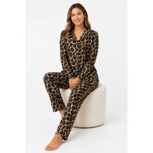Fames Kadın Mevsimlik Süet Uzun Kol Koyu Leopar Desen Pijama Takımı