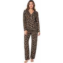 Fames Kadın Mevsimlik Süet Uzun Kol Açık Leopar Desen Pijama Takımı