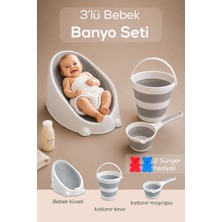 Wumboo 3'lü Bebek Yıkama Seti-Sünger Hediyeli. Soft Bebek Yıkama Küveti-Katlanır Kova Maşrapa Seti