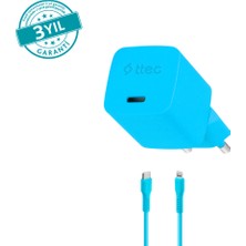 Ttec Smartcharger Gan 20W Pd Seyahat Hızlı Şarj Aleti + Usb-C - Lightning 120CM Kablo Neon Mavi
