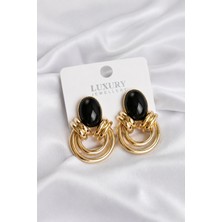 Oghamay Gold Renk Siyah Taşlı Vintage Kadın Küpe Pirinç Materyal Halka Detaylı Statement Küpe