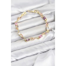 Oghamay Pirinç Gold Renk Pembe ve Mor Zirkon Taşlı Çiçek Model Kadın Bileklik