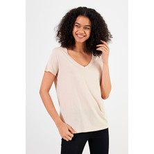 Vena Kadın Boyfriend Kum V Yaka Regular Fit Modal Tişört (Lyocell)