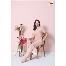Over Sleep by Poleren Tüylenmez Kırışmaz Kumaş Kısa Kol Yazlık Kadın Pijama Takımı
