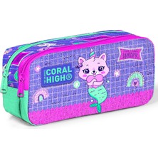 Mikasso Kids Su Yeşili Lavanta Unicorn Kedi Desenli Iki Bölmeli Kalem Çantası 12051 Tekstil Yeşil