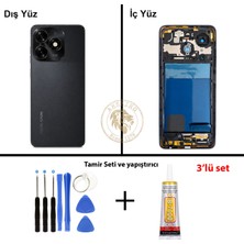 Arsking Tecno Spark 20C Siyah Uyumlu Orta Kasa + Yapıştırıcı ve Vida Seti Full Kasa Kapak Gövde Housing