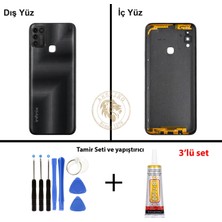 Arsking Infinix Hot 11 Play Siyah Uyumlu Lensli Arka Kapak + Yapıştırıcı ve Vida Seti Arka Cam Lazer Kesim