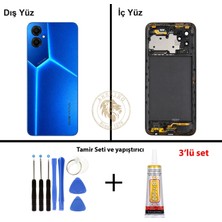 Arsking Tecno Pova 4 Mavi Uyumlu Lensli Orta Kasa + Yapıştırıcı ve Vida Seti Full Kasa Kapak Gövde Housing