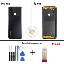 Arsking Infinix Hot 20i Siyah Uyumlu Lensli Arka Kapak + Yapıştırıcı ve Vida Seti Arka Cam Lazer Kesim