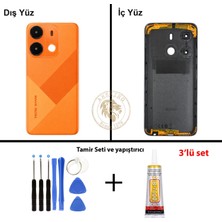 Arsking Tecno Spark Go 2021 Turuncu Uyumlu Lensli Arka Kapak + Yapıştırıcı ve Vida Seti Arka Cam Lazer Kesim