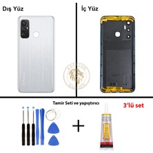 Arsking Infinix Hot 11 Gümüş Uyumlu Lensli Arka Kapak + Yapıştırıcı ve Vida Seti Arka Cam Batarya Pil Kapağı