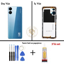 Arsking Tecno Spark 9t Mavi Uyumlu Lensli Arka Kapak + Yapıştırıcı ve Vida Seti Arka Cam Batarya Pil Kapağı
