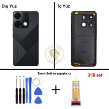 Arsking Tecno Spark Go 2023 Siyah Uyumlu Lensli Arka Kapak + Yapıştırıcı ve Vida Seti Arka Cam Lazer Kesim