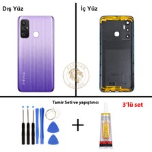 Arsking Infinix Hot 11 Mor Uyumlu Lensli Arka Kapak + Yapıştırıcı ve Vida Seti Arka Cam Batarya Pil Kapağı