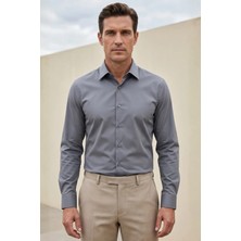 Alenmeza Erkek Antrasit Gri Pamuk Saten Non-Iron Ütü Istemeyen Casual Cepsiz Modern Fit Gömlek