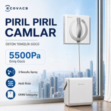 Ecovacs  5.500 Pa Güçlü Tutunmalı Şarjlı Cam Temizleme Robotu, 110 Dakikaya Kadar Kullanım, Üç Nozüllü Geniş Açılı Sprey ve Taşınabilir Istasyon Çalışma Sırasında Şarj Desteği + Tiftik Cihazı