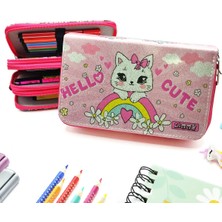 Mikasso Simli Işıltılı Kitty Hello Cute Kalem Kutusu Vegan Deri Kalemkutu Üç Bölmeli Kalemlik -Pembe Tekstil