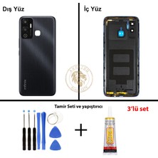 Arsking Infinix Hot 12 Play Siyah Uyumlu Lensli Arka Kapak + Yapıştırıcı ve Vida Seti Arka Cam Lazer Kesim
