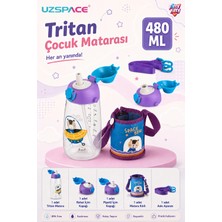Uzspace 480ML Kılıflı Iki Ayrı Kapaklı Pipetli/pipetsiz Taşıma Askılı Tritan Çocuk Su Matarası