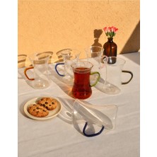 Qualitev 6 Adet Cam Çok Renkli Kulplu Çay Bardağı 150 ml Kulplu Çay Bardak
