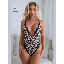 Intive Lingerie Intive Fantasy Leopar Desen Derin Önden V Dekolteli Sırt Dekolteli Bodysuit/teddy Gecelik