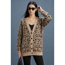 Şiir Parc Oversize Salaş Yumuşak Dokulu Leopar Desenli Triko Kadın Hırka & Ceket - Bej