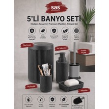 Sas Hausgerate Sas Haus 5’li Antrasit Gri Banyo Seti – 7 Litre Döner Kapaklı Çöp Kovası, Silikon Wc Fırçası, Sıvı Sabunluk, Diş Fırçalık ve Sabunluk