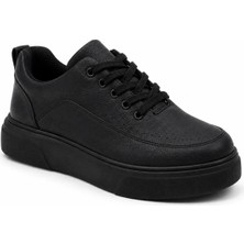 Beskar KB-X12 Tam Siyah Cilt Erkek Ayakkabı - 4 cm Kalın Tabanlı Ortopedik Bağcıklı Günlük Spor Ayakkabı