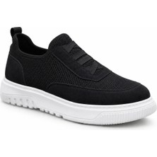 Beskar Özel Örme Triko Erkek Spor Ayakkabı - Deri Tozu Detaylı Esnek Siyah Günlük Sneaker BA0911